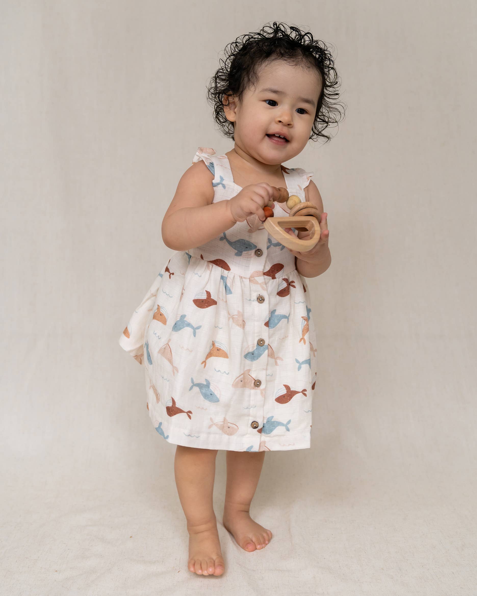 Whales Ruffle & Button Baby Dress+Bloomer Organic Muslin