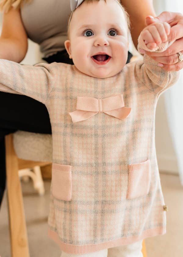 Sophie Bow Checkered Sweater Knit Baby Dress -Organic Cotton: Rosewood Pink / 3-6M