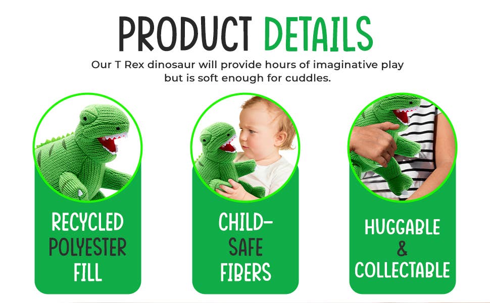 Knitted Green T Rex Dinosaur Soft Toy Teddy