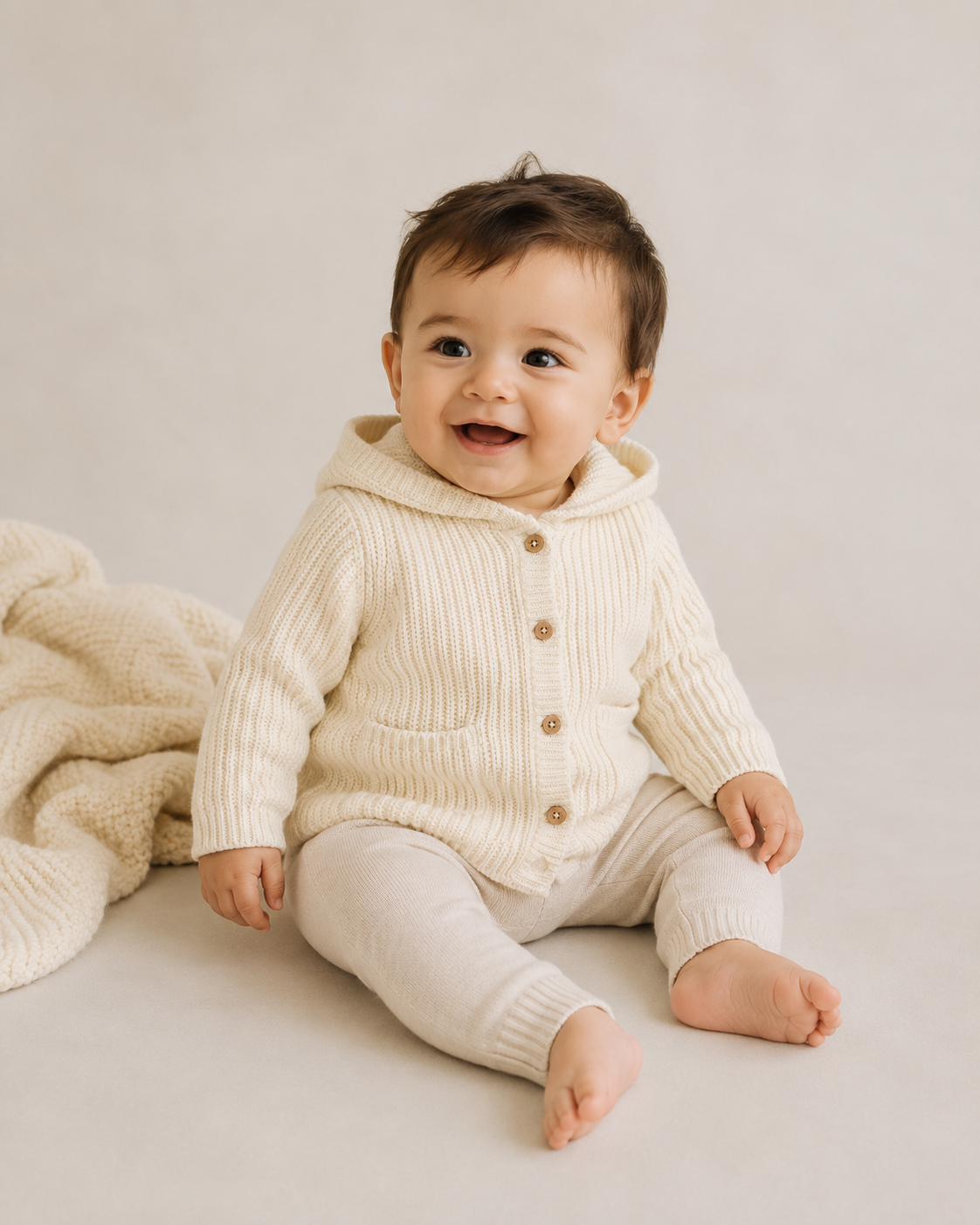 Milan Knit Baby Hooded Button Jacket (Organic Cotton): Cream / 18-24M