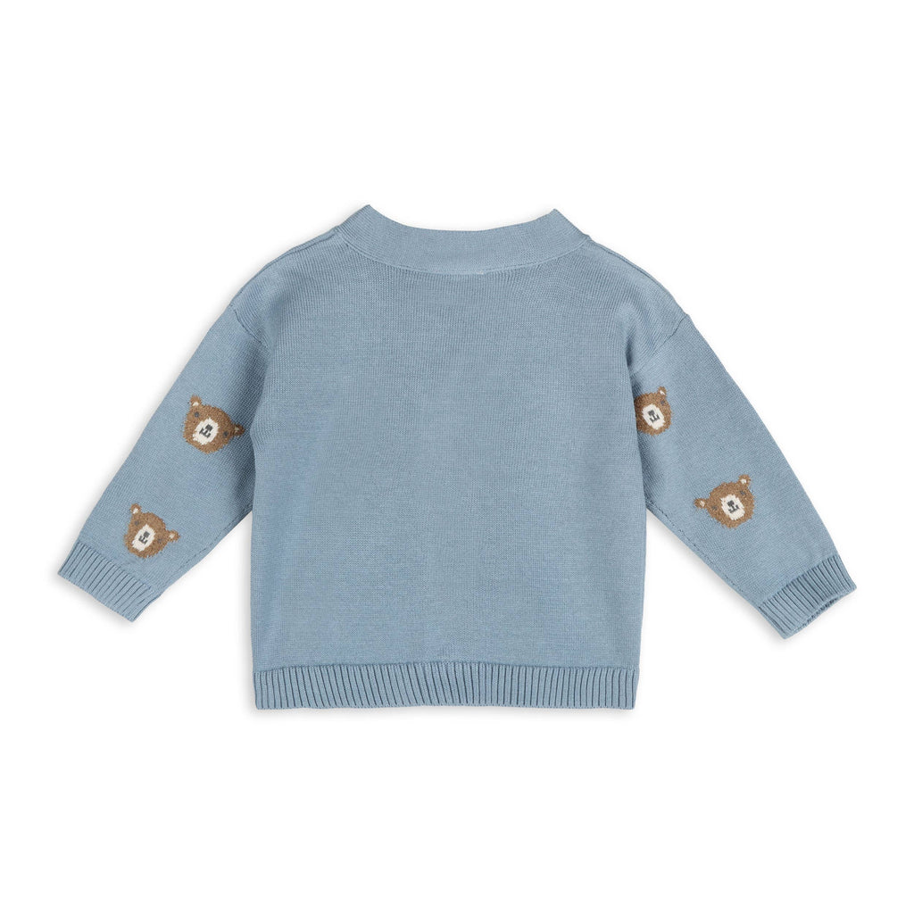 Bear Jacquard Organic Cotton Knit Baby Cardigan: Mineral Blue