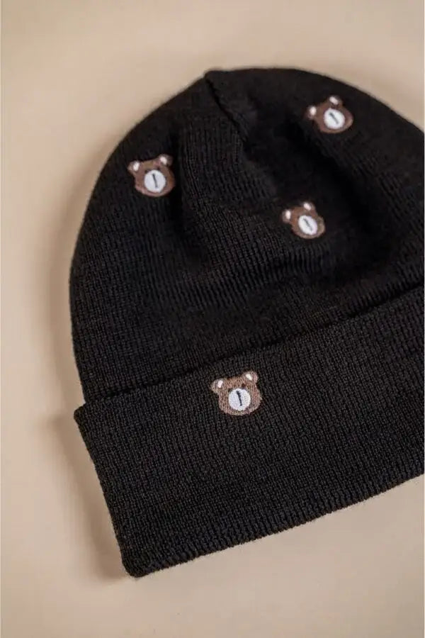 Kids 100% Merino Wool Beanie – LITTLE BEAR | Embroidered Black