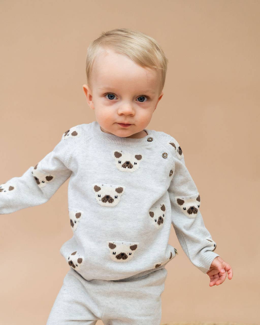 Frenchie Puppy Jacquard Knit Baby Set Organic: Pearl Grey Heather