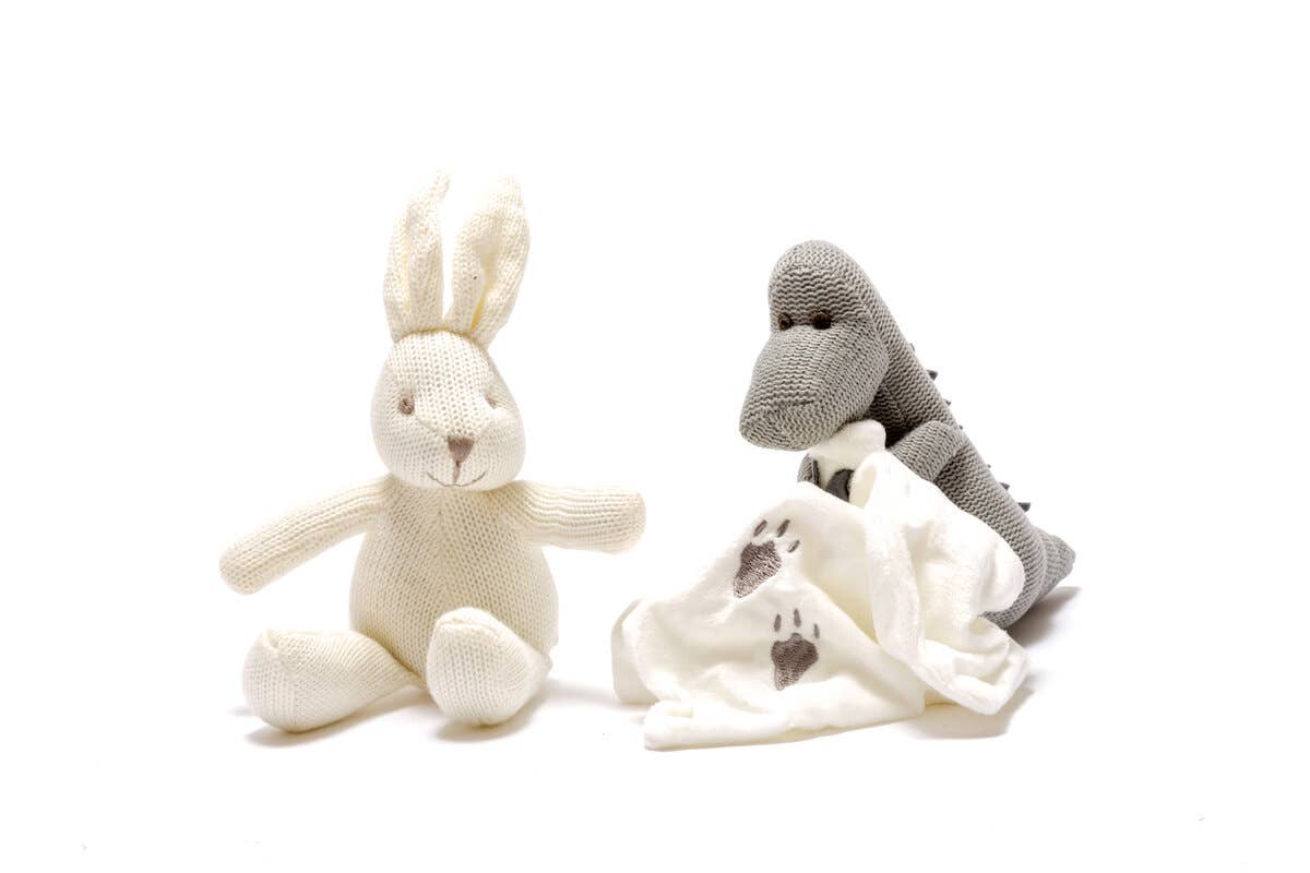 Knitted Grey Diplodocus Dinosaur Toy With Comforter