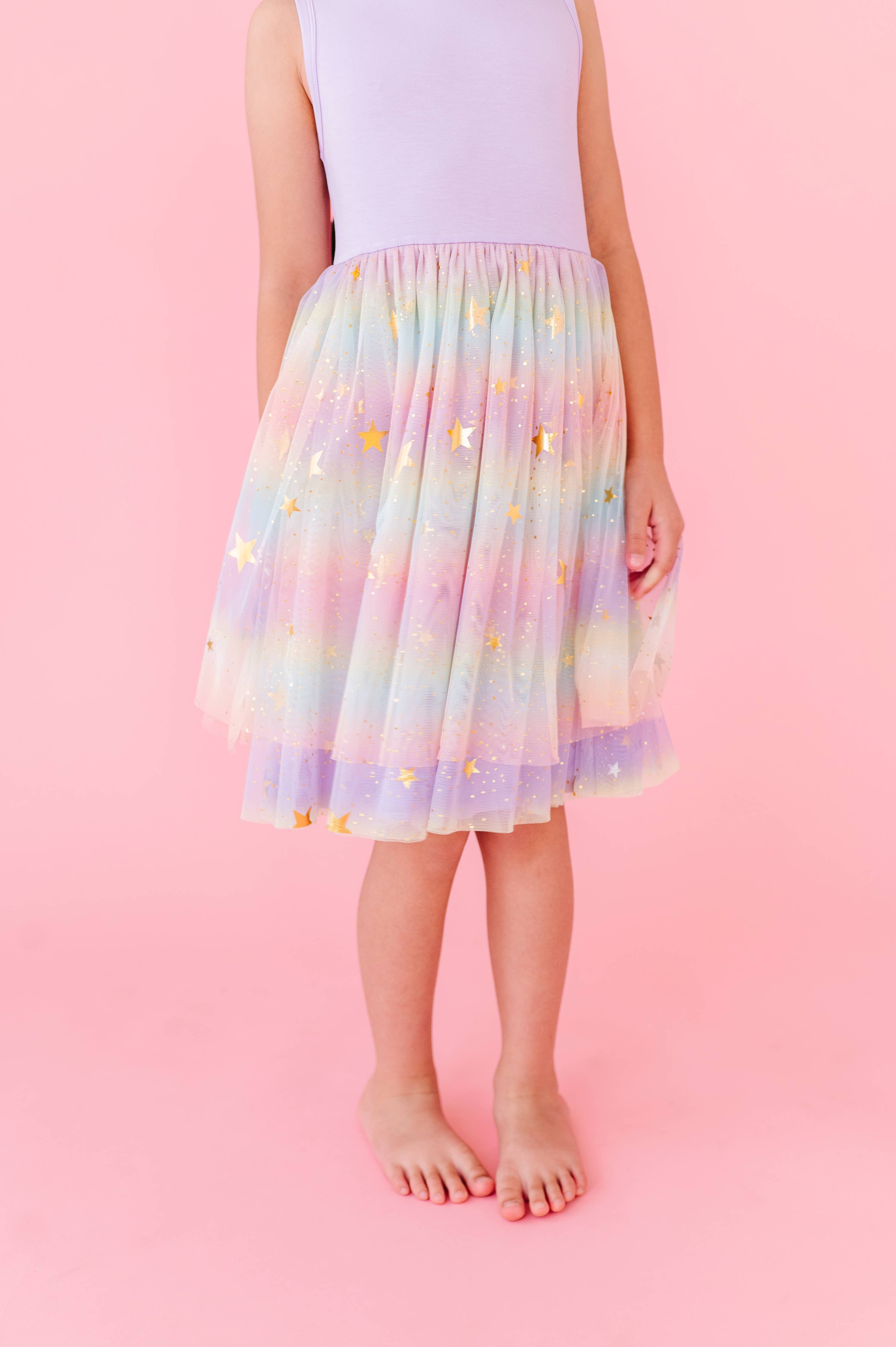 Kids Bamboo + Tulle Dress - Spring Rainbow Twinkle