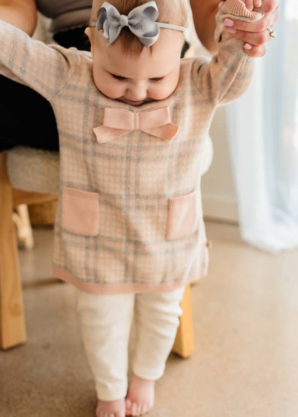 Sophie Bow Checkered Sweater Knit Baby Dress -Organic Cotton: Rosewood Pink / 3-6M