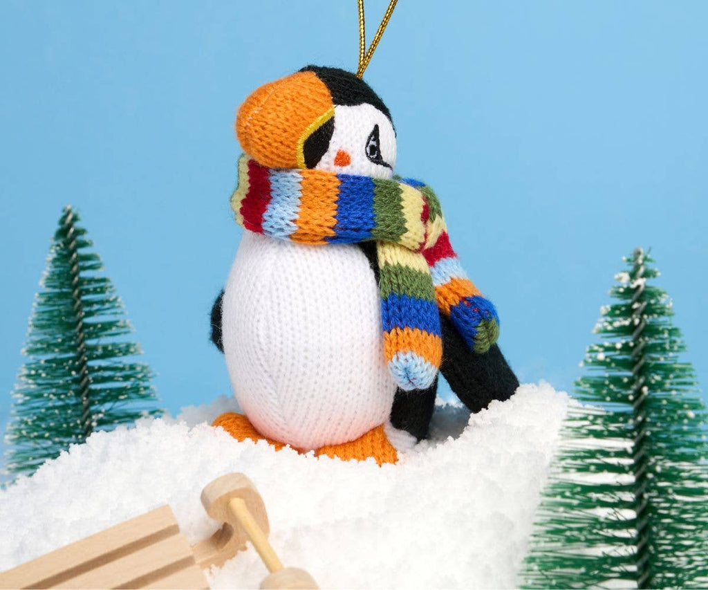 Knitted Puffin with stripe scarf Christmas Decoration