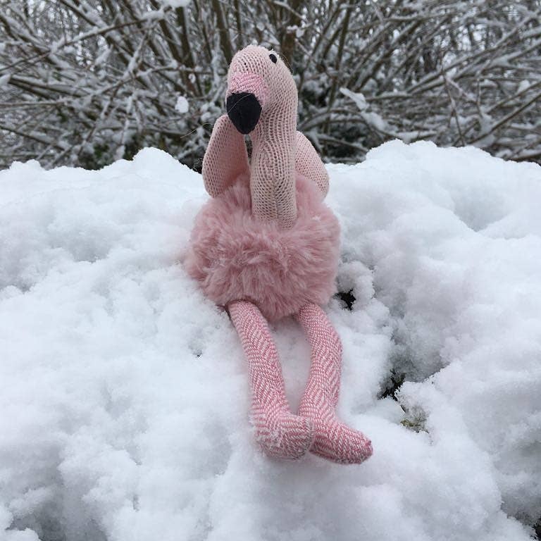 Pink Flamingo Baby Rattle, Knitted, Plush and Tweed
