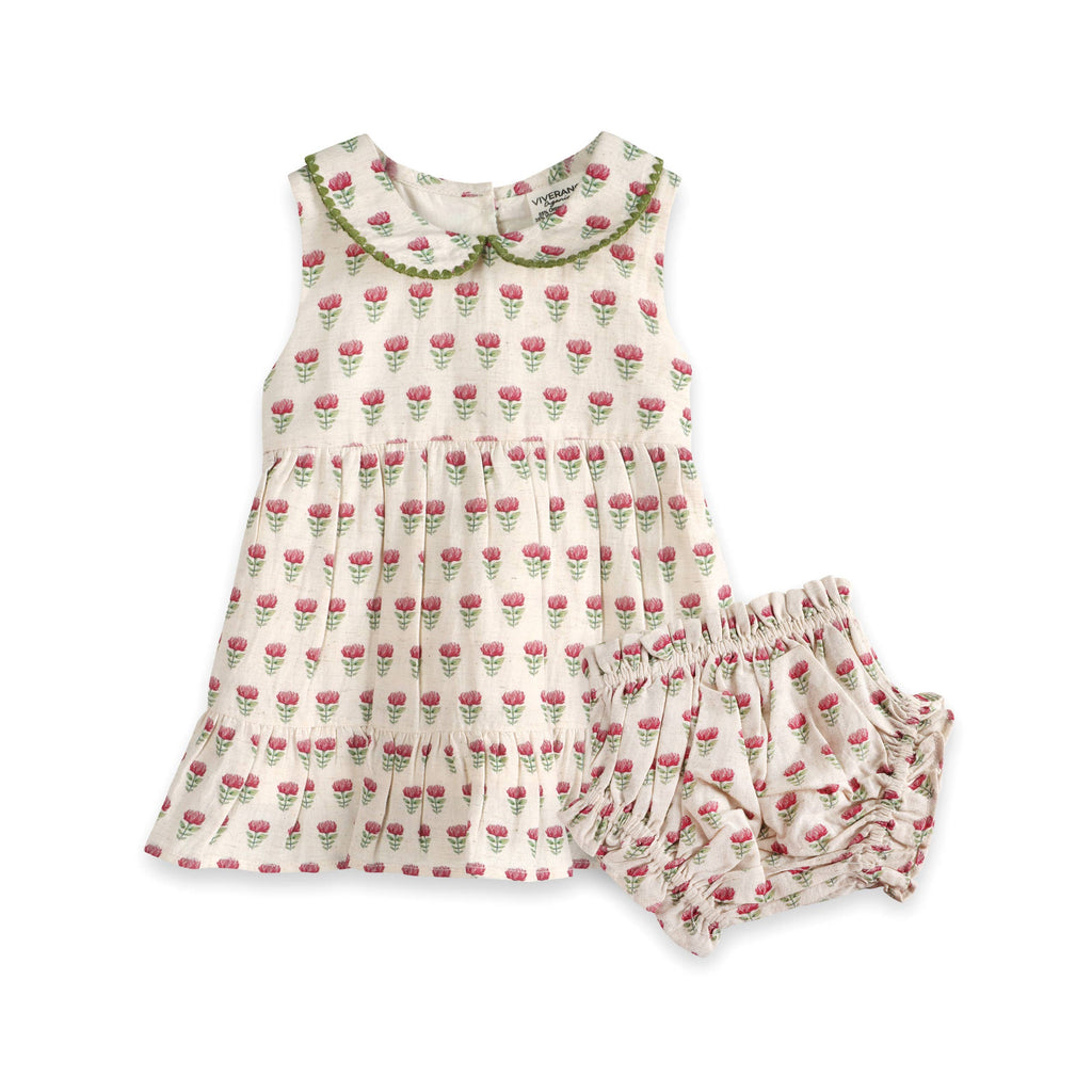 Mia Block Print Floral Baby Dress + Bloomer Linen Blend