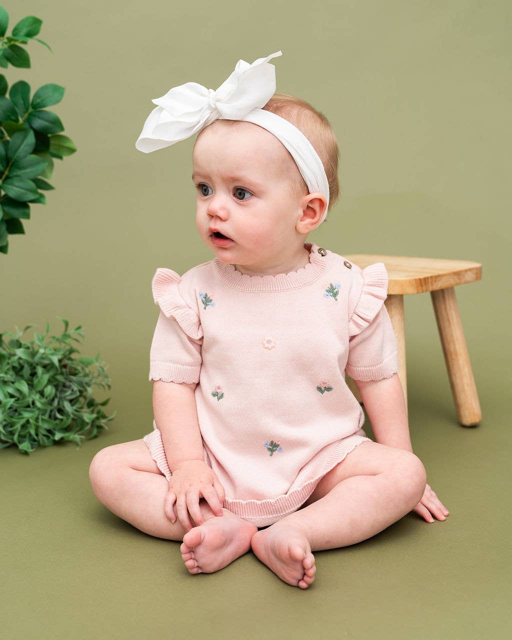 Floral Embroidered Organic Short Sleeve Ruffle Dress Baby Pink