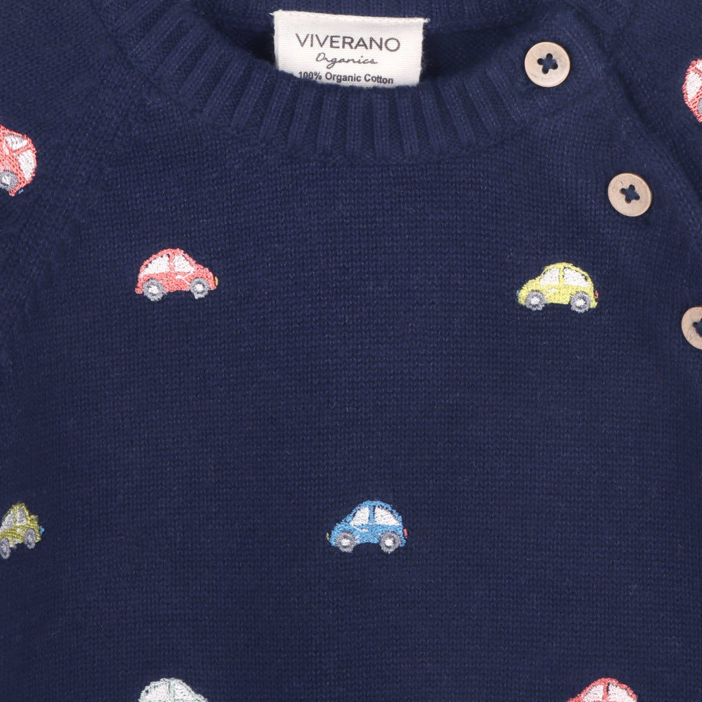 Mini Beetle Cars Organic Embroidered Baby Sweater Navy Blue