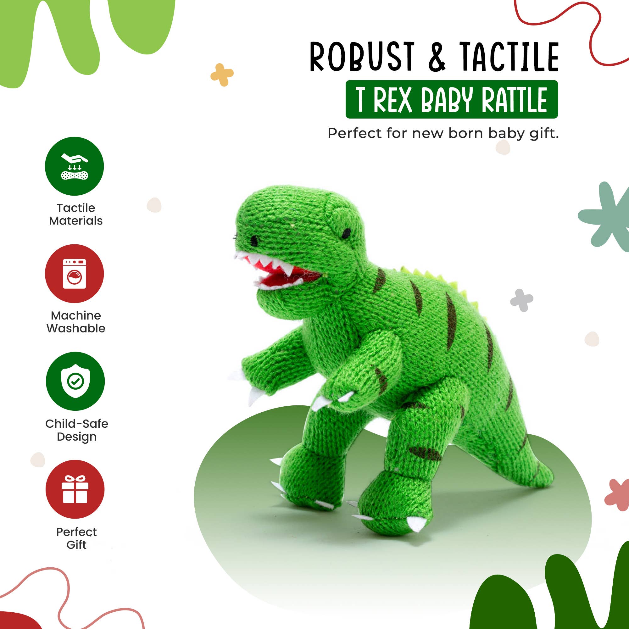 Knitted T Rex Dinosaur Baby Rattle Green