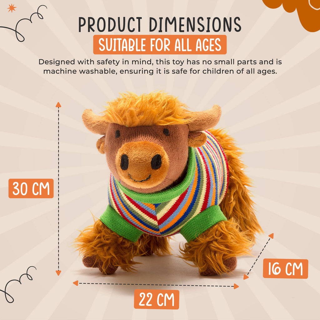 Knitted Highland Cow Soft Toy in Stripe Jumper