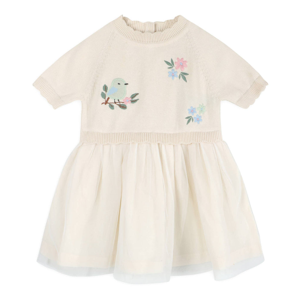 Bird Floral Organic  Embroidered Tutu Knit Baby Dress
