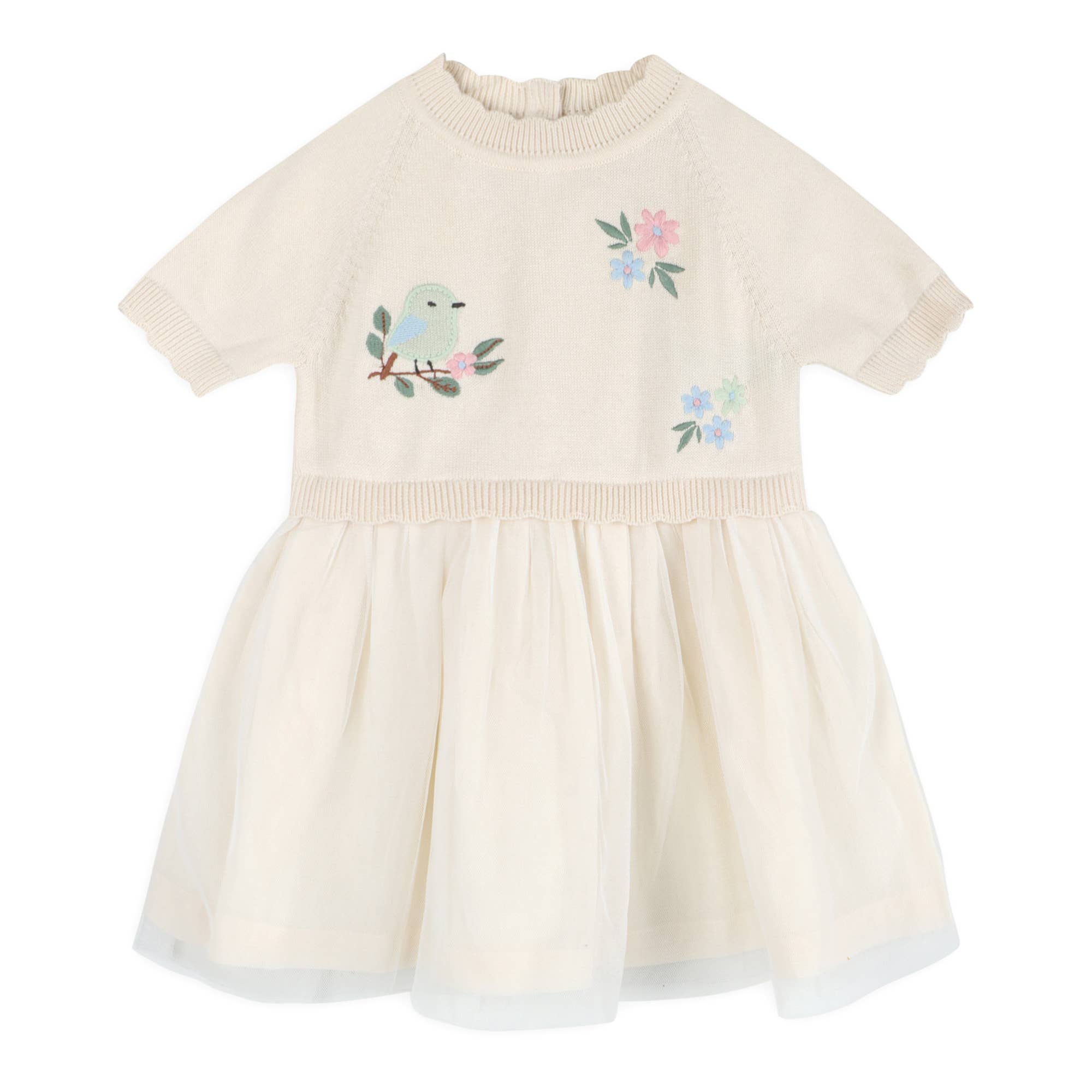 Bird Floral Organic  Embroidered Tutu Knit Baby Dress