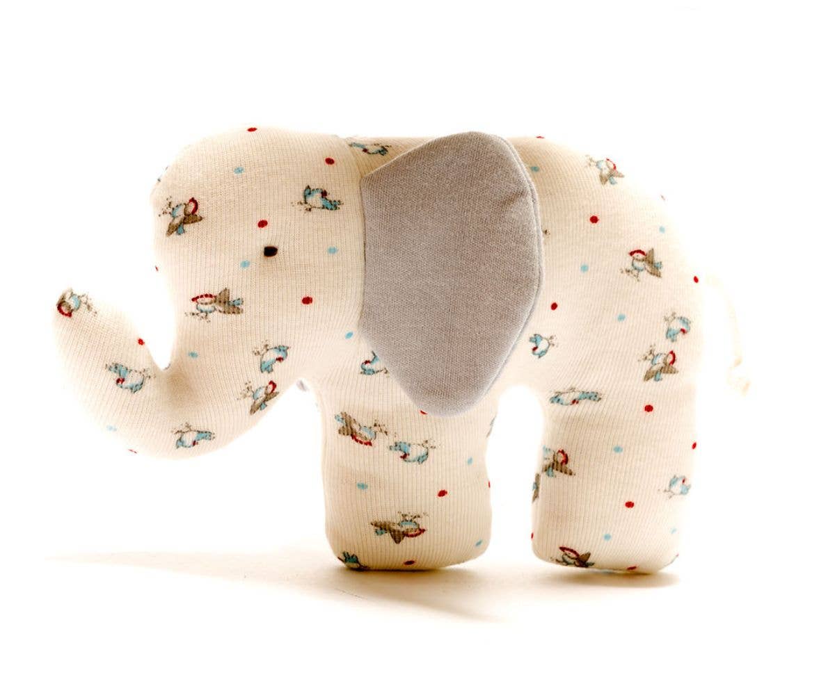 Petit éléphant en coton bio, motif oiseaux et pois