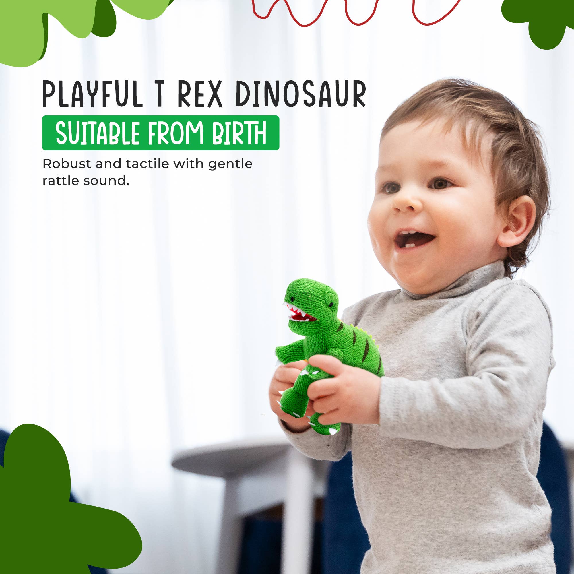Knitted T Rex Dinosaur Baby Rattle Green