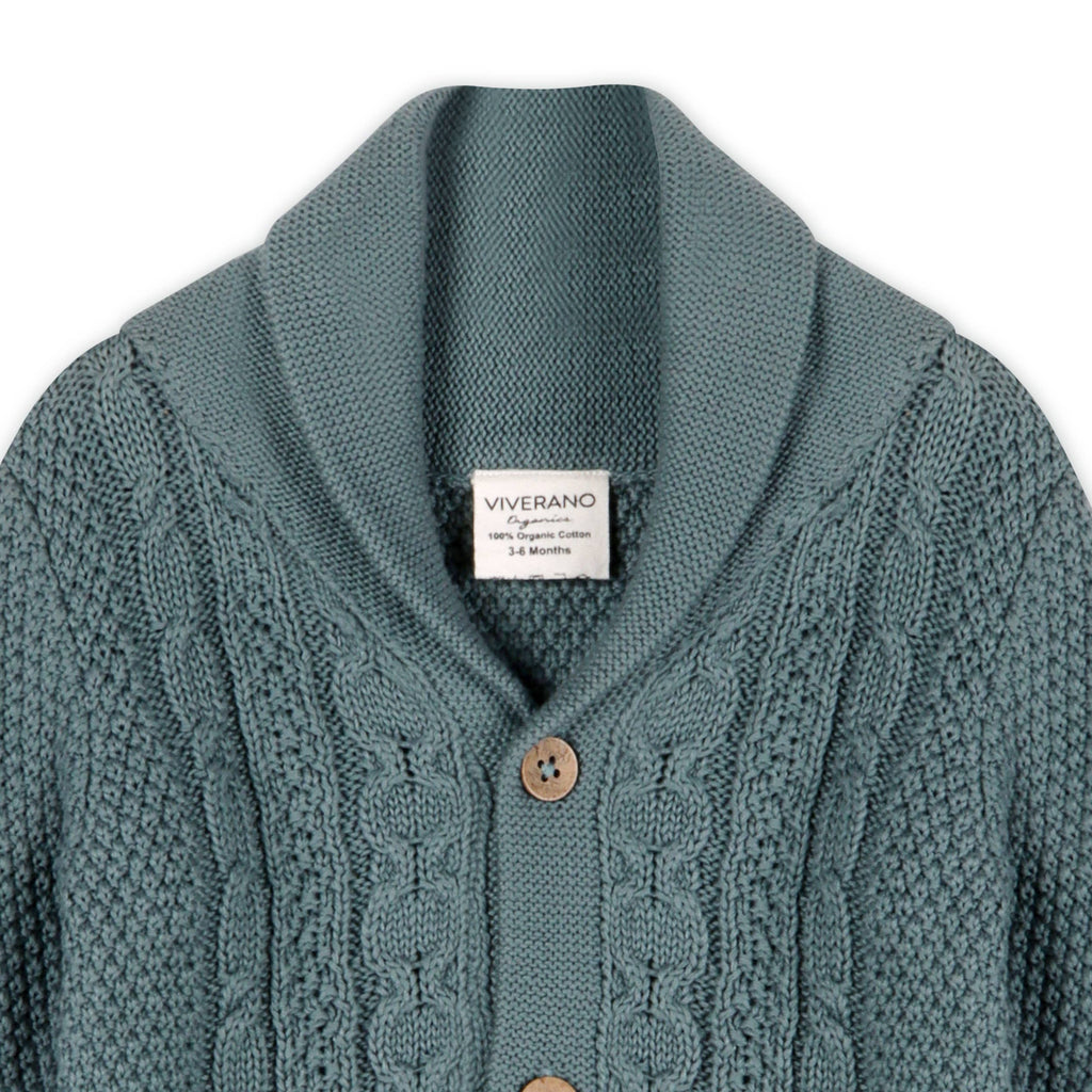 Shawl Collar Cable Knit Baby Cardigan Sweater Organic Cotton: Teal Blue