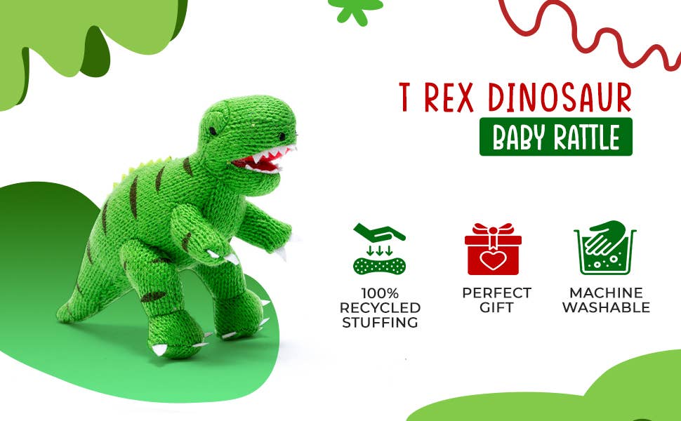 Knitted T Rex Dinosaur Baby Rattle Green
