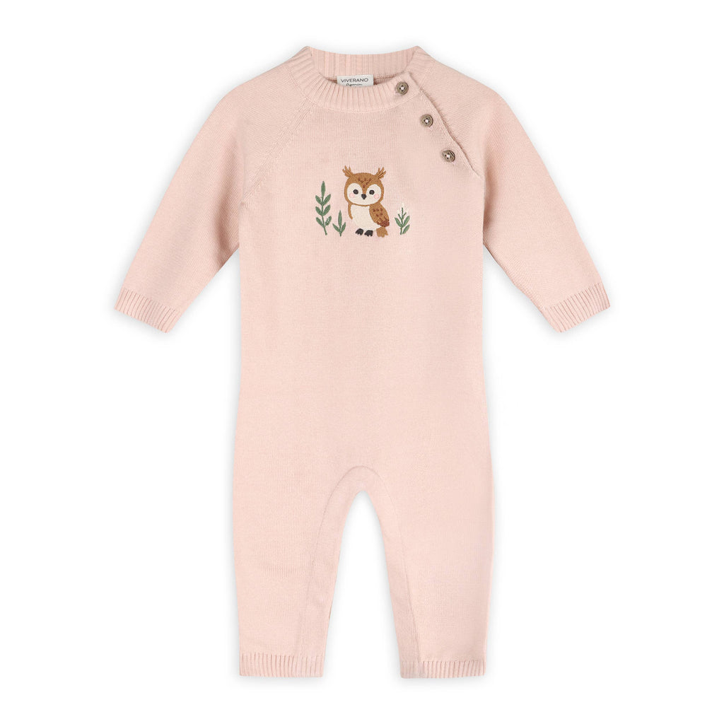 Owl Embroidered Baby Knit Jumpsuit (Organic Cotton): Sweet Pink / 3-6M