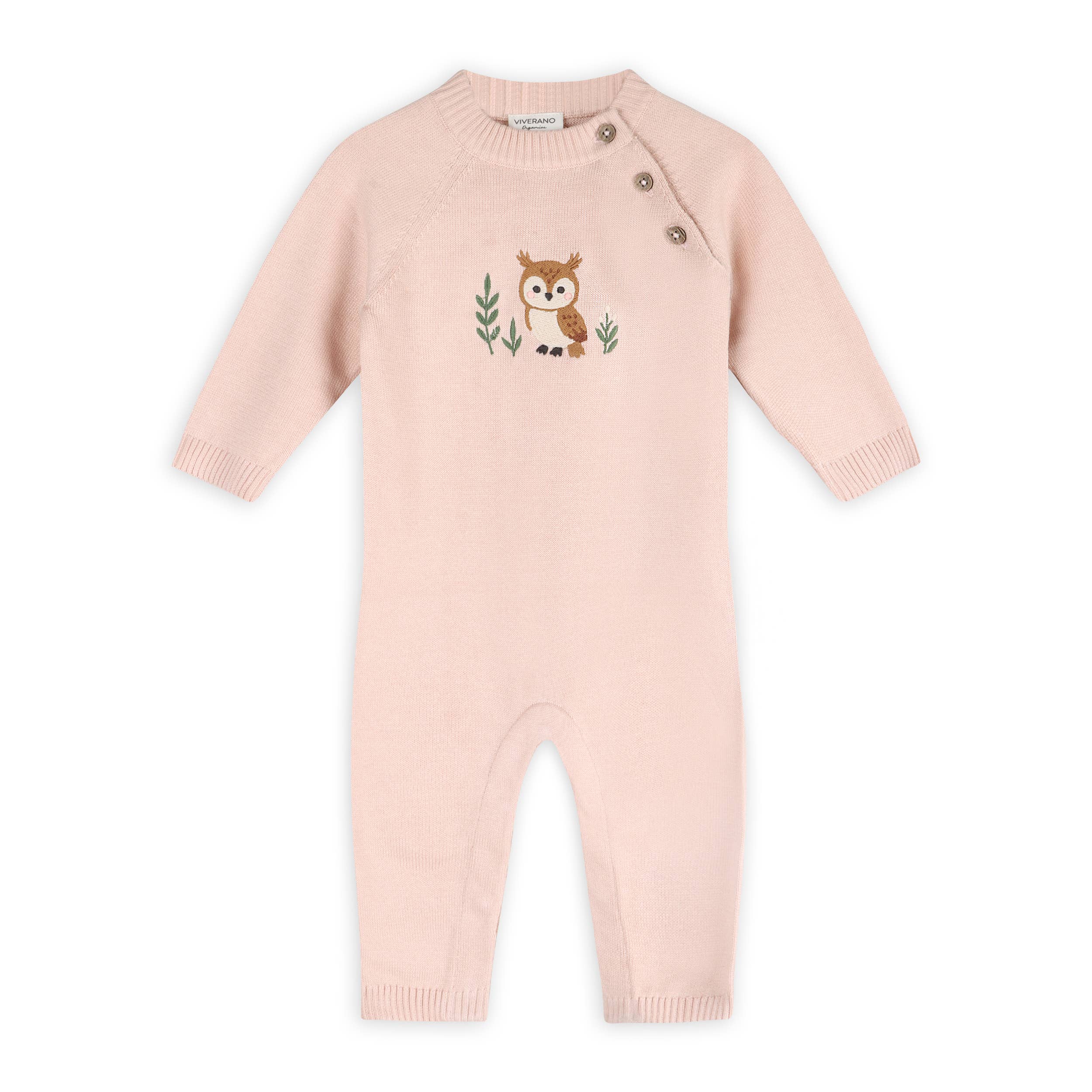 Owl Embroidered Baby Knit Jumpsuit (Organic Cotton): Sweet Pink / 3-6M