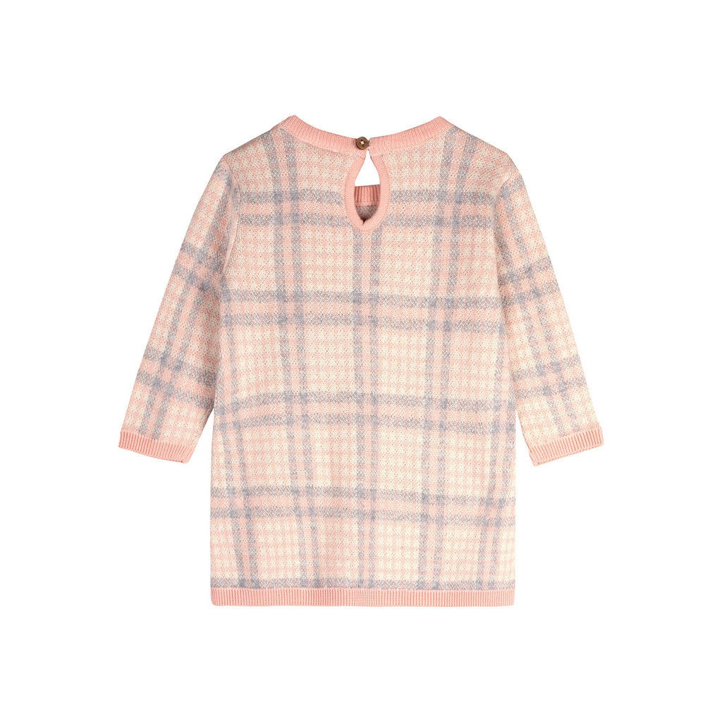 Sophie Bow Checkered Sweater Knit Baby Dress -Organic Cotton: Rosewood Pink / 3-6M