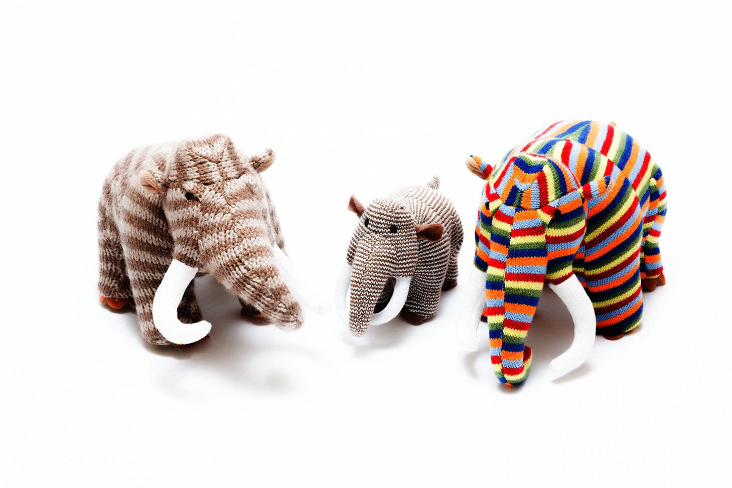 Knitted Woolly Mammoth Dinosaur Baby Rattle Brown stripes