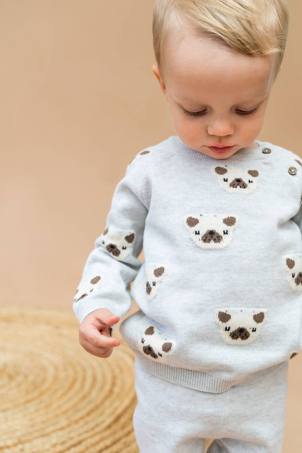 Frenchie Puppy Jacquard Knit Baby Set Organic: Pearl Grey Heather