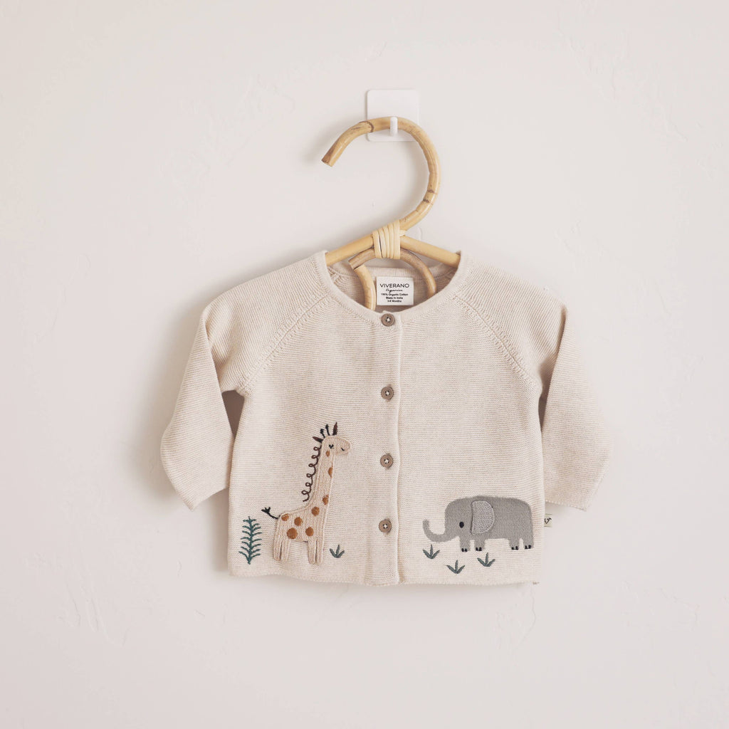 Animal Safari Organic Embroidered Baby Cardigan Sweater Natural