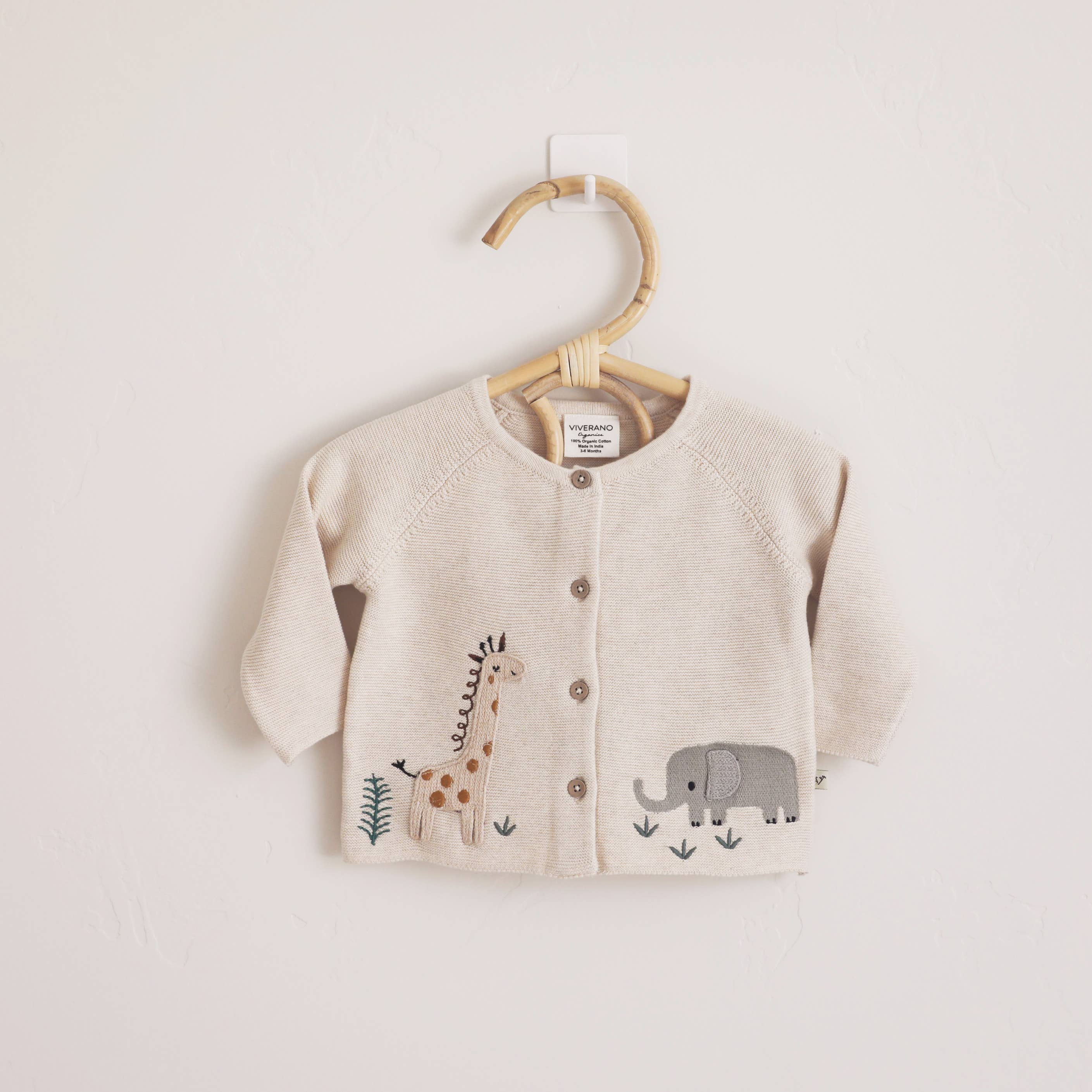 Animal Safari Organic Embroidered Baby Cardigan Sweater Natural
