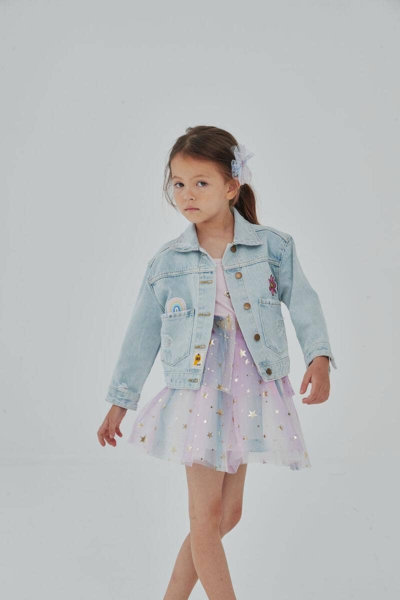 Patched Denim Jacket - Collared Neckline: Mermaid