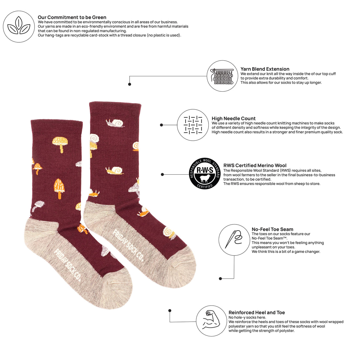 Women's Mushroom Merino Wool Socks - Comfy Hiking Socks