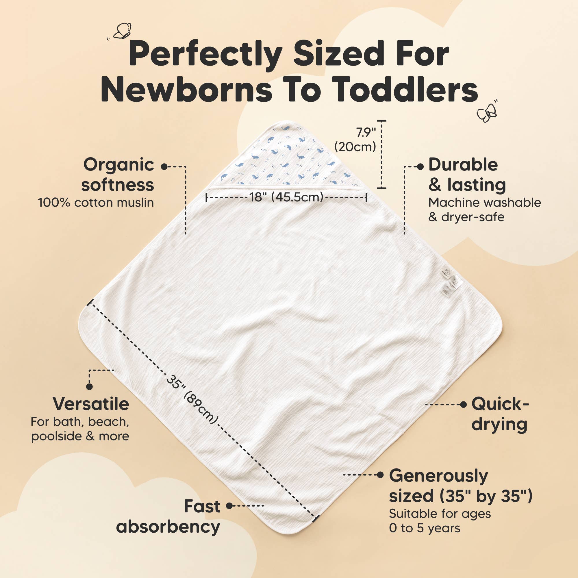 KeaBabies Lyra Muslin Hooded Towel: Whale Bay