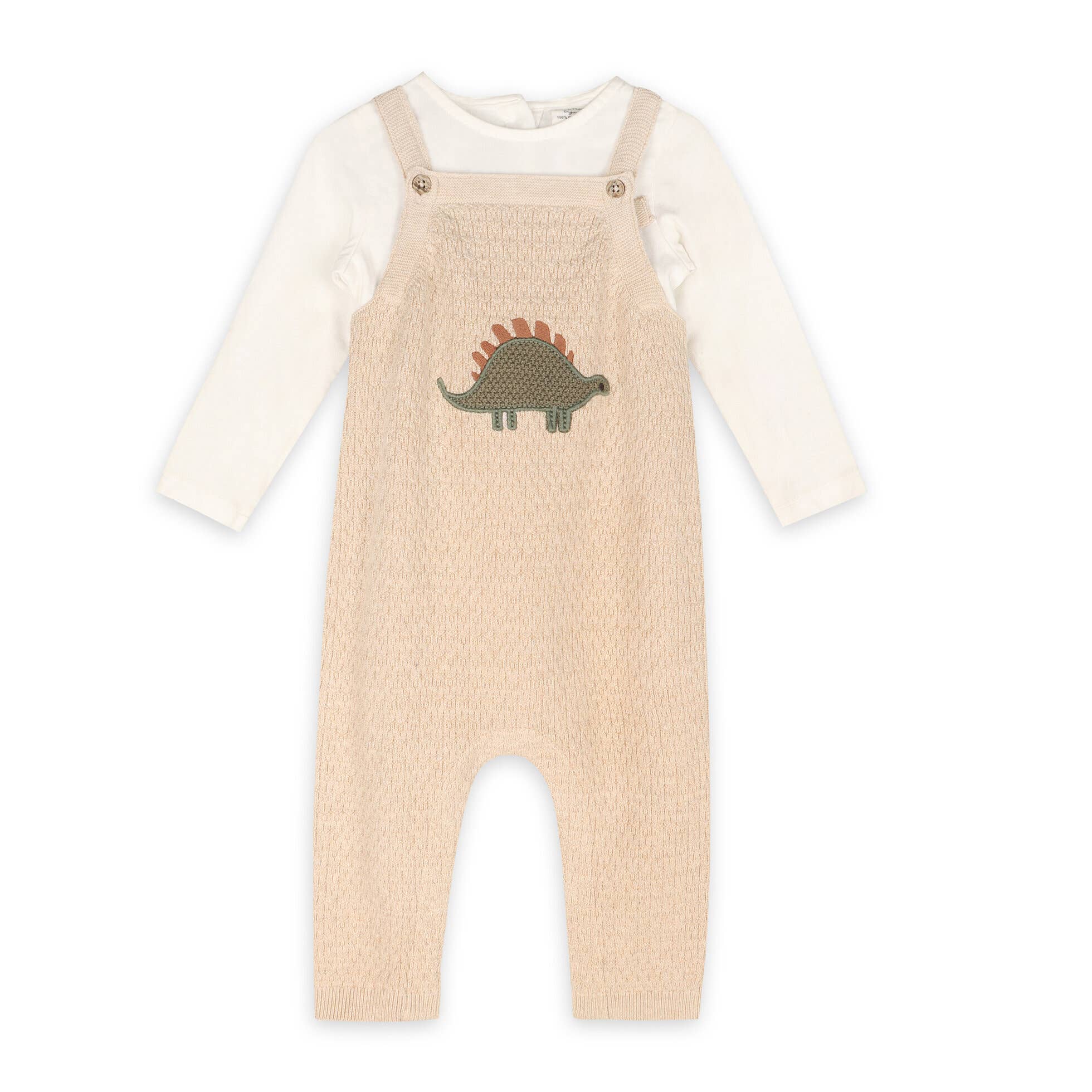 Dino Embroidered Baby Knit Overall Set (Organic): Oatmeal Heather / 12-18M