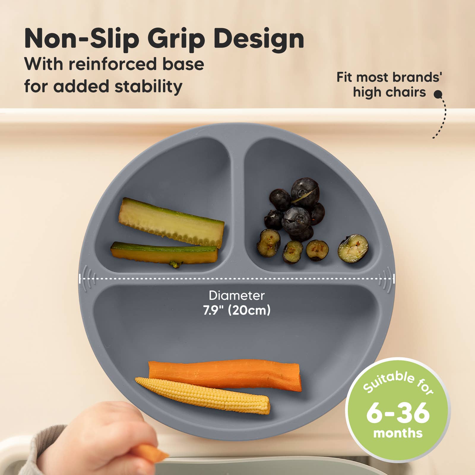 3-Pack Prep Suction Plates for Baby, BPA-Free Silicone Plate: Slate