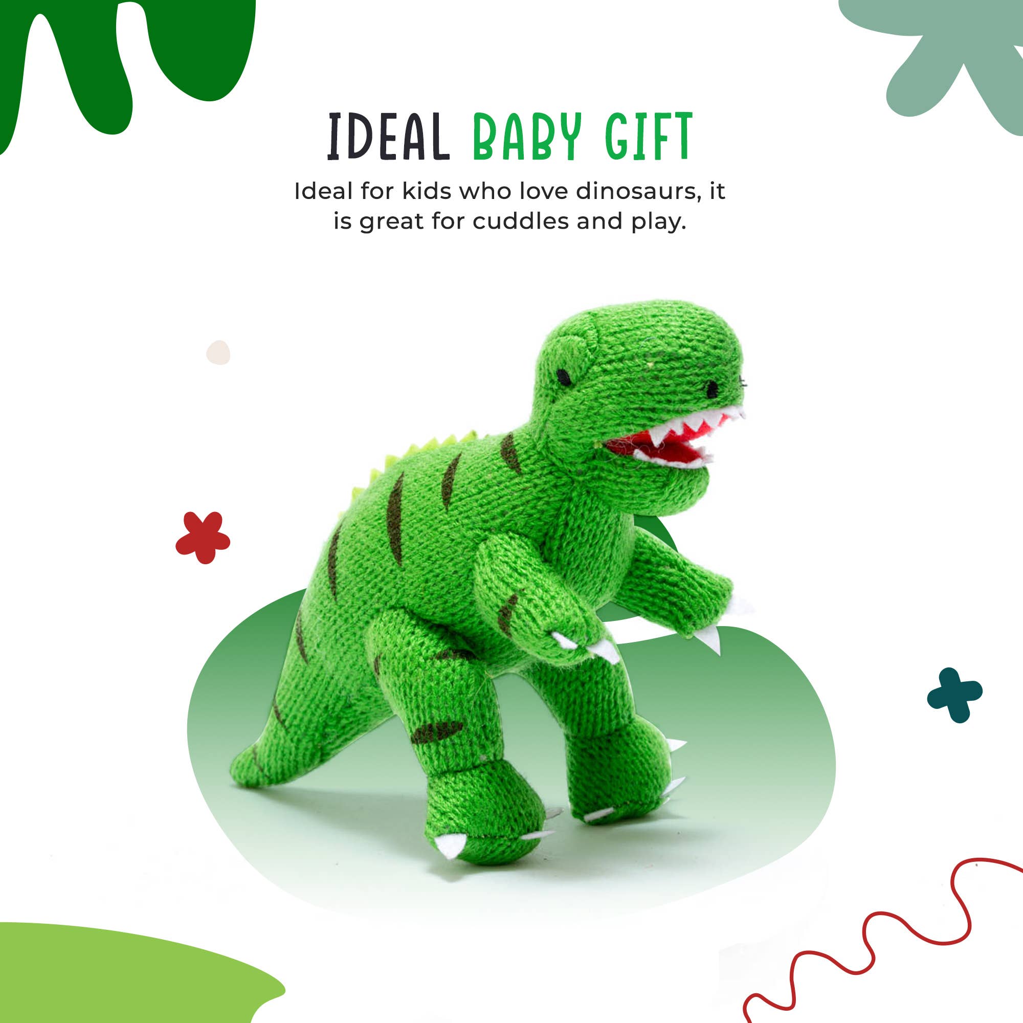 Knitted T Rex Dinosaur Baby Rattle Green