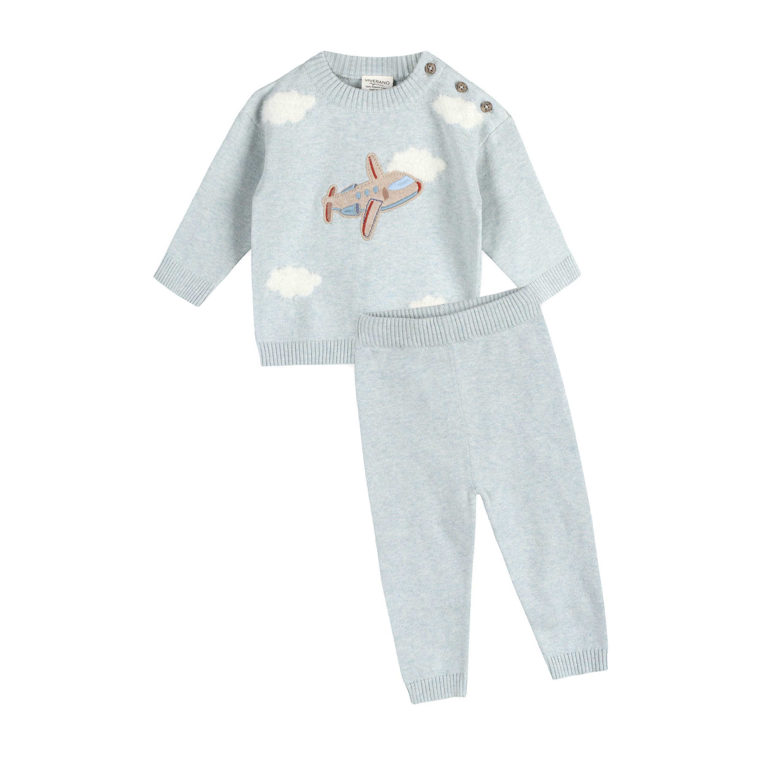 Airplane Organic Cotton Knit Baby Knit Pullover & Pant Set