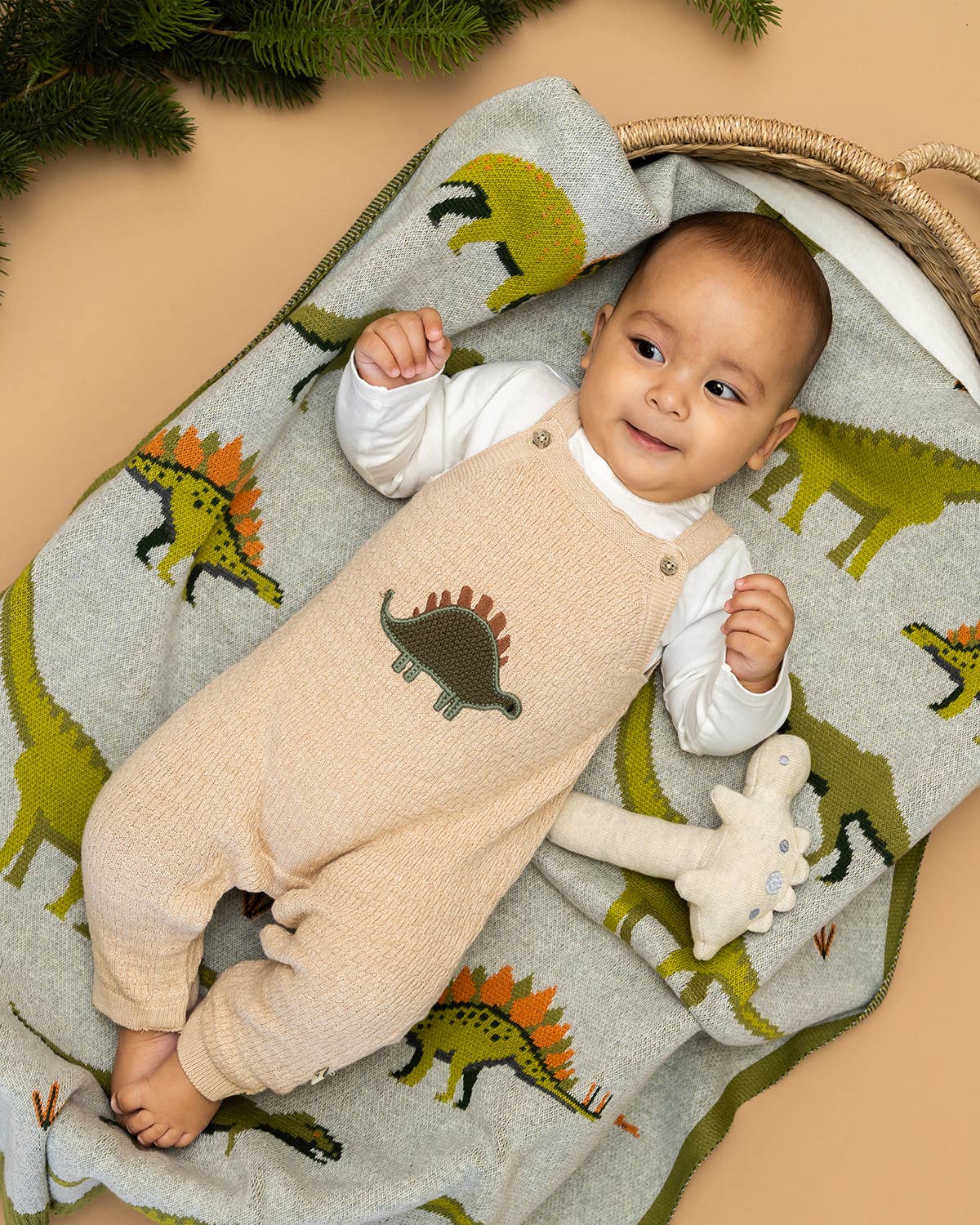 Dino Embroidered Baby Knit Overall Set (Organic): Oatmeal Heather / 12-18M