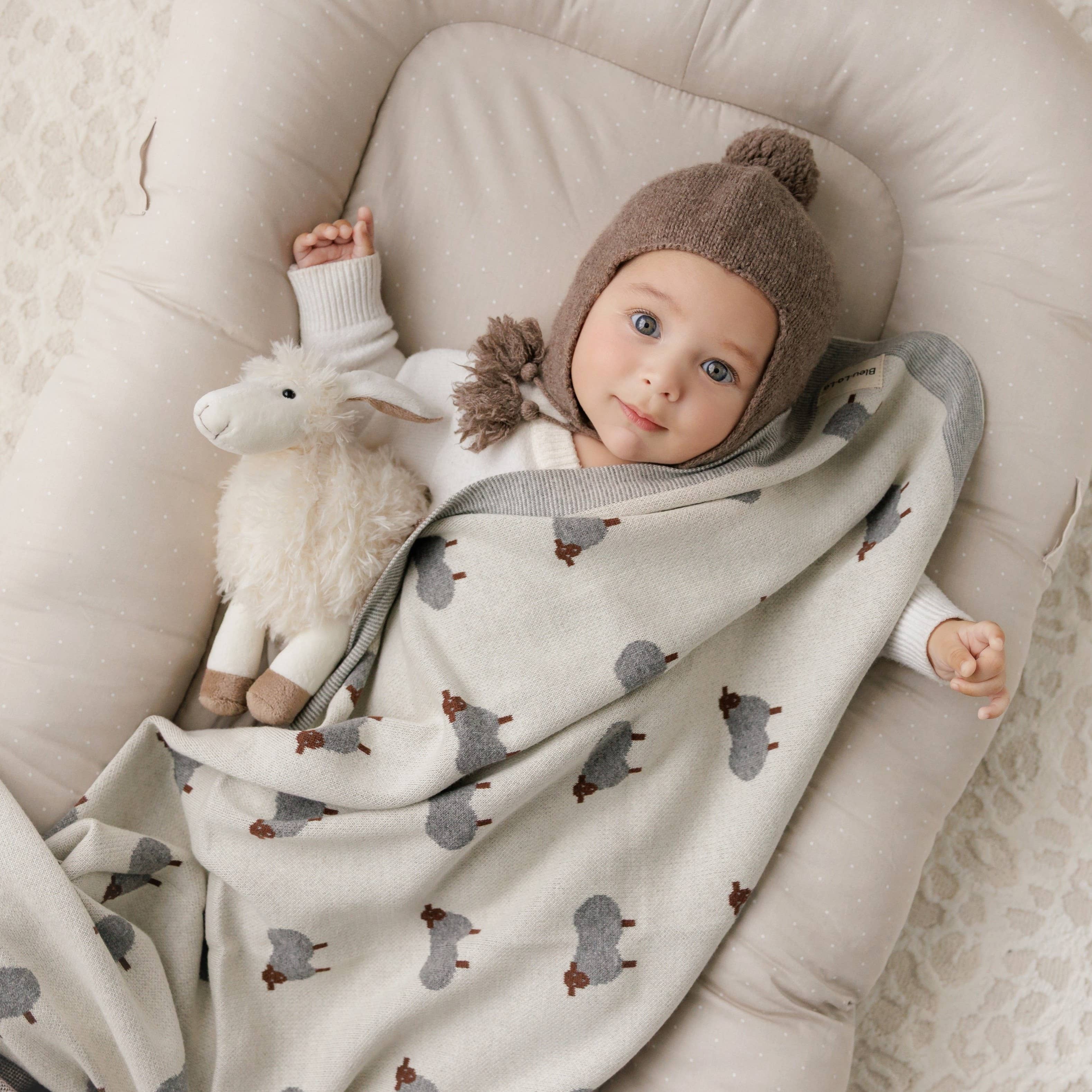 100% Luxury Cotton Receiving Swaddle Baby Blanket - Sheep: Grey