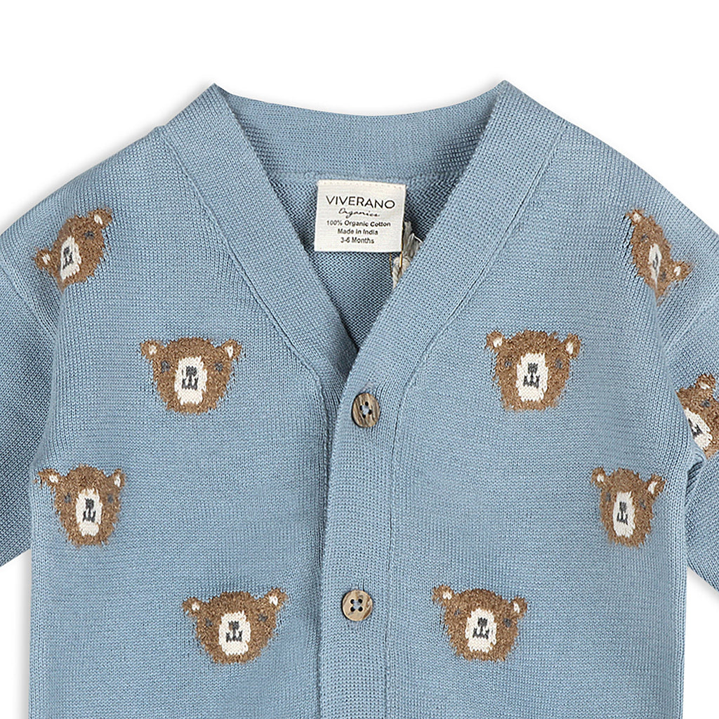 Bear Jacquard Organic Cotton Knit Baby Cardigan: Mineral Blue
