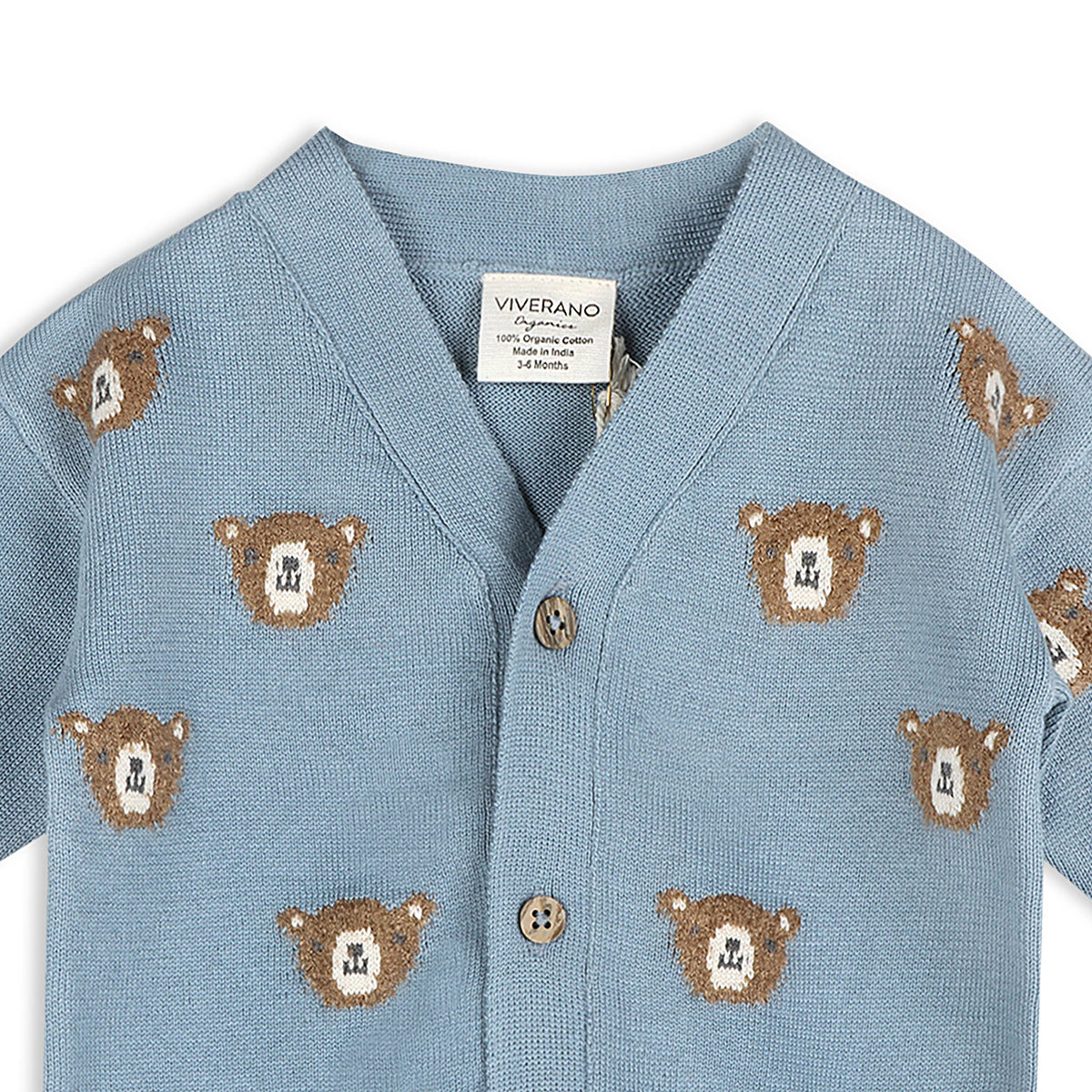 Bear Jacquard Organic Cotton Knit Baby Cardigan: Mineral Blue