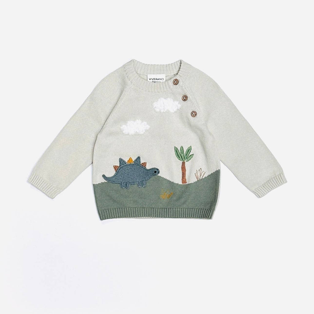 Dino Applique Button Baby Pullover Sweater Organic Cotton