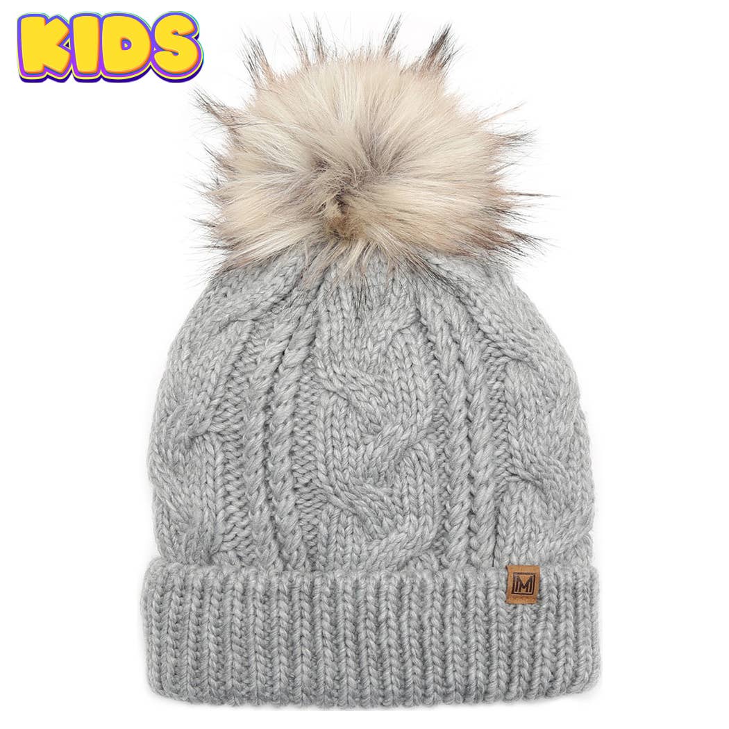 Kid's Cable Knitted Faux Fur Pom Beanie Hat: LIGHT GREY / One Size