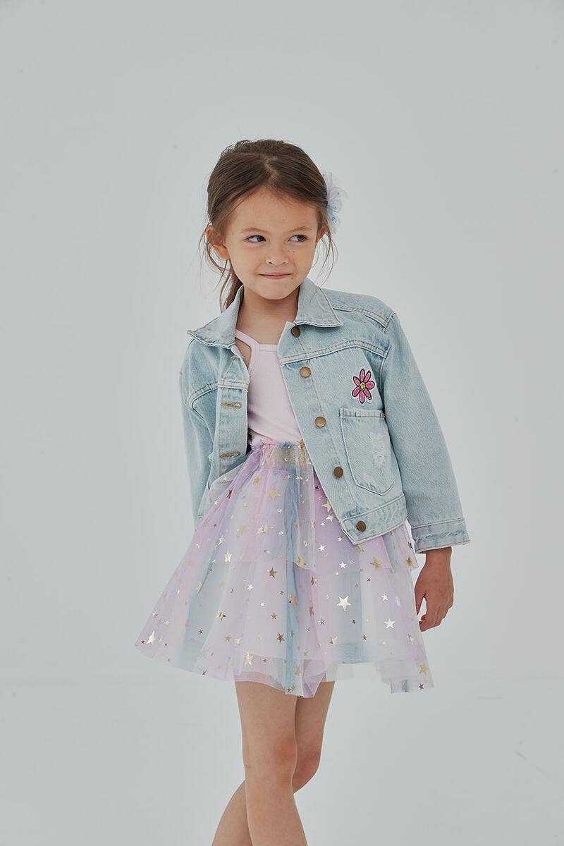 Patched Denim Jacket - Collared Neckline: Mermaid