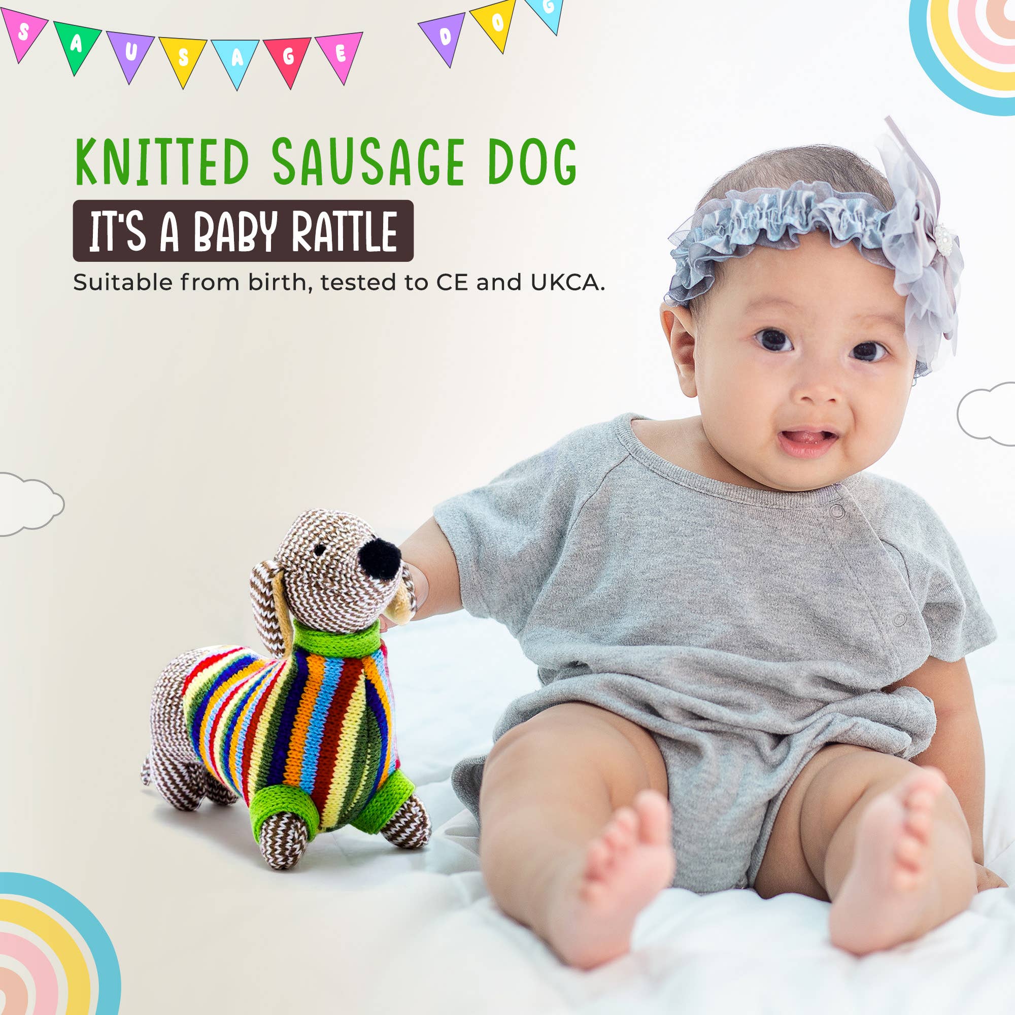 Hochet pour bébé en forme de chien saucisse tricoté