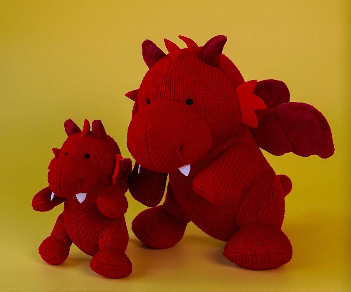 Knitted T Rex Dragon Baby Rattle Red