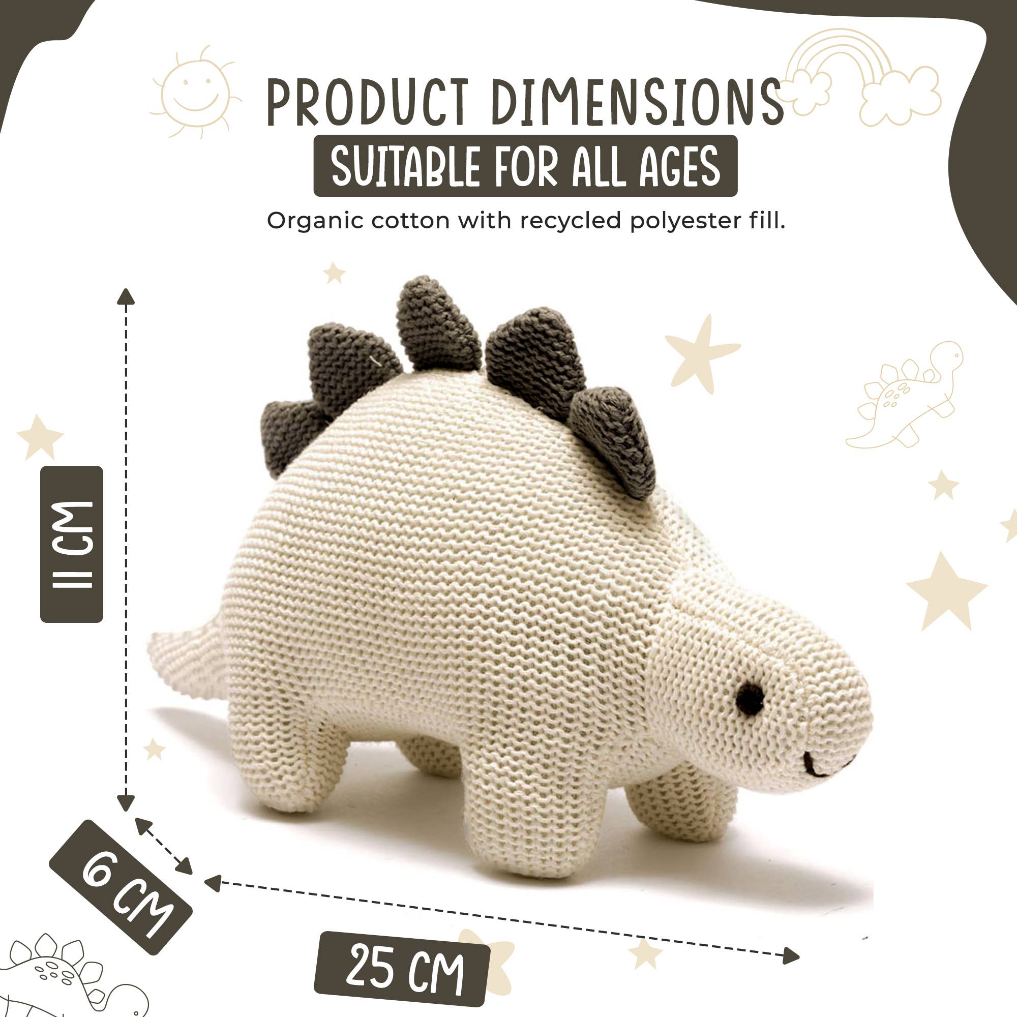 Organic White Cotton Knit Stegosaurus Dinosaur Rattle