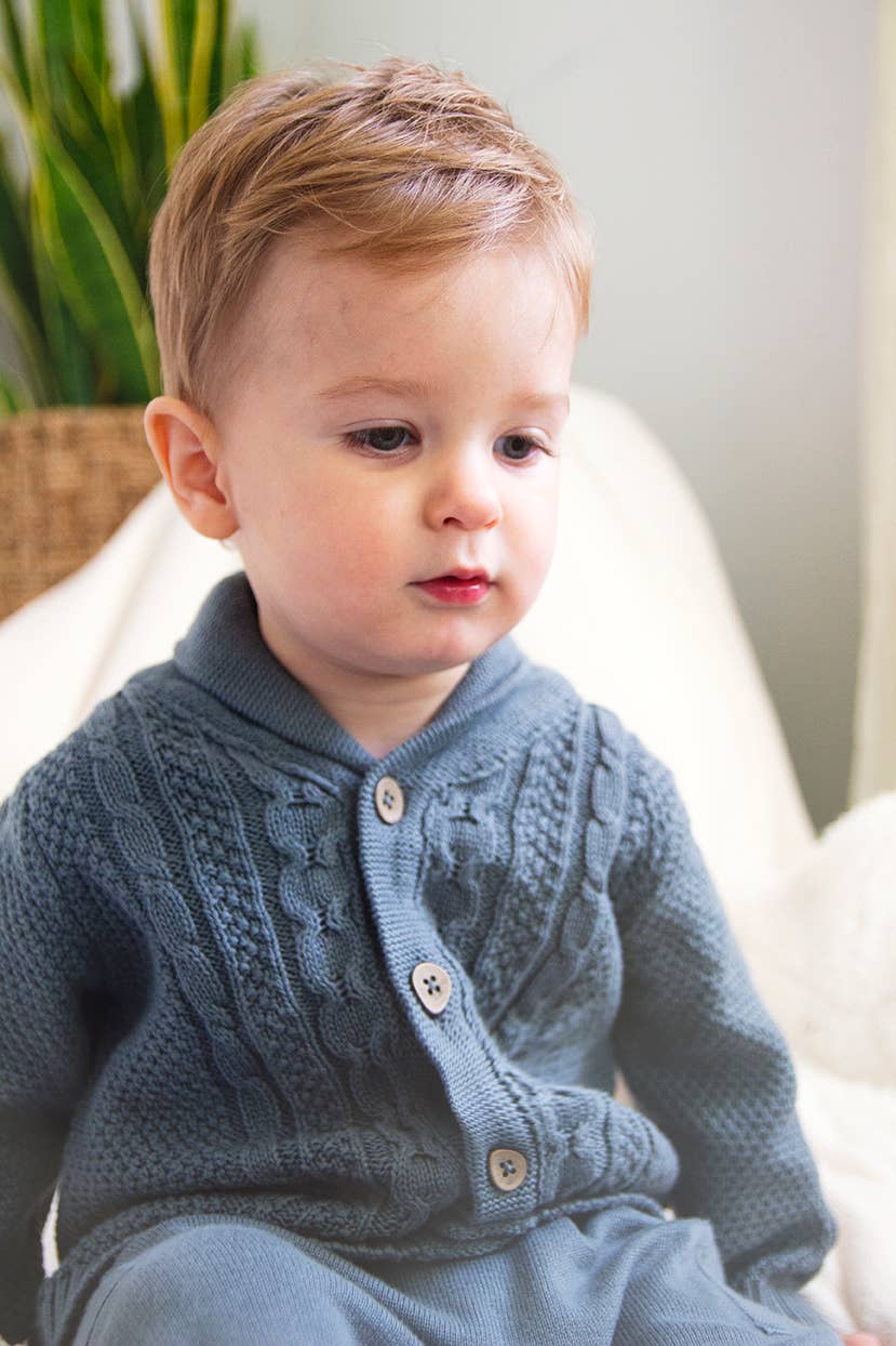 Shawl Collar Cable Knit Baby Cardigan Sweater Organic Cotton: Teal Blue