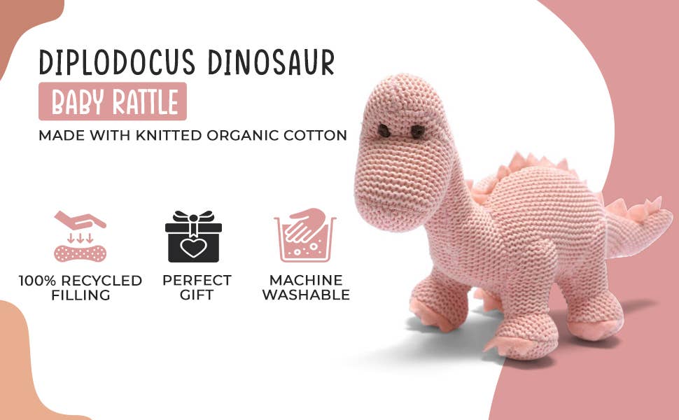 Hochet dinosaure diplodocus rose en coton biologique tricoté
