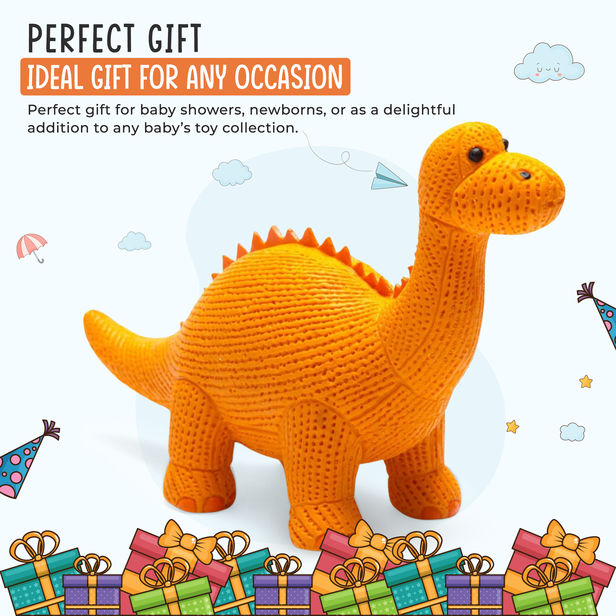 Jouet dinosaure Diplodocus orange en caoutchouc, jouet de bain et anneau de dentition